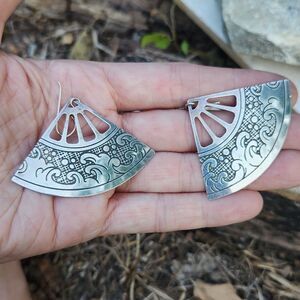 Vintage 2 Inch Sterling Fan Earrings Tribal Asian Statement dangle